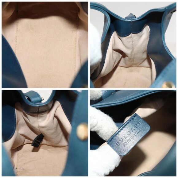 BVLGARI Hand Bag Leather 2way Blue Gold Auth BA1864 - Picture 15 of 16